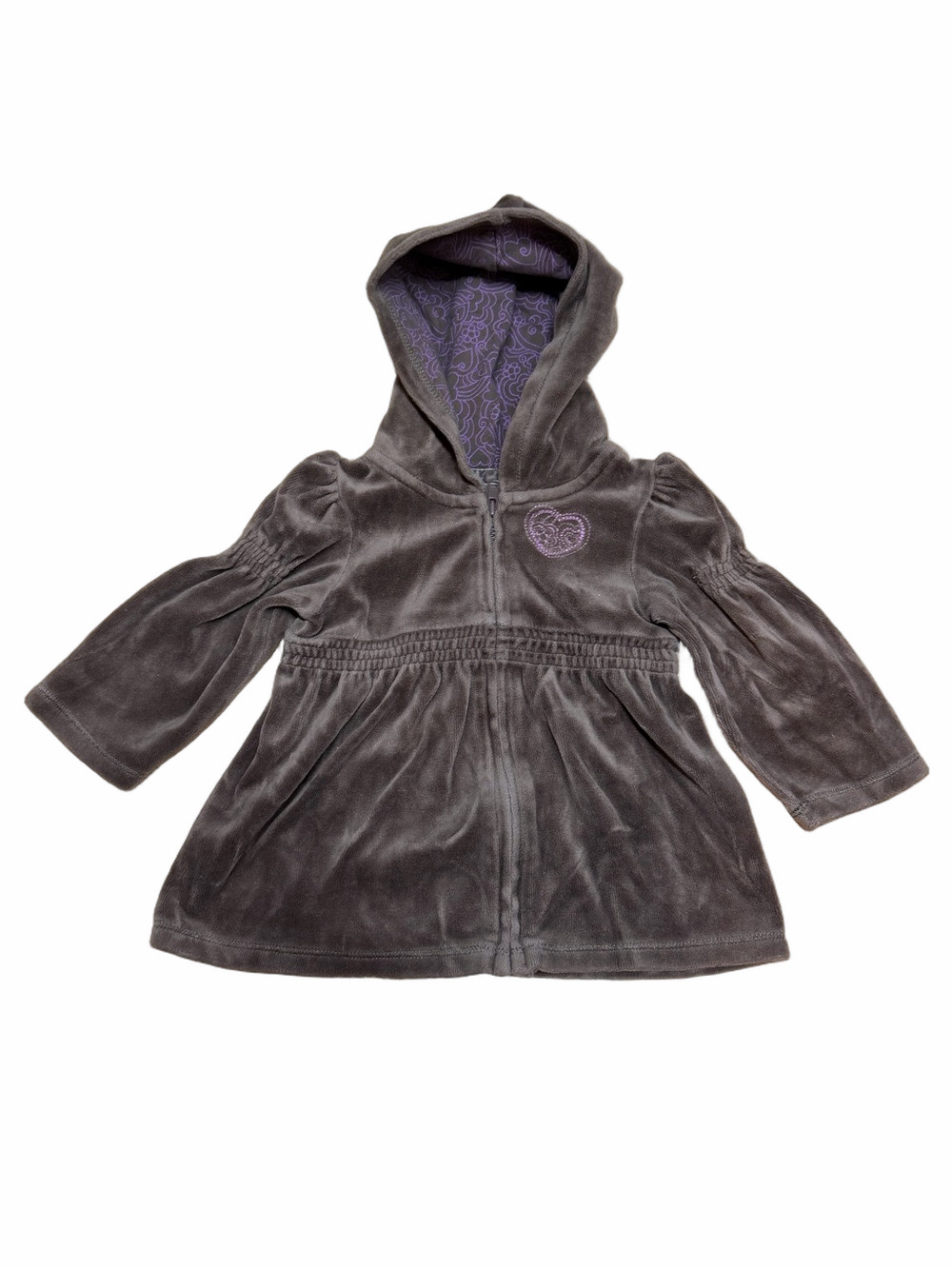 Sonoma Baby 12M Brown Velour Hooded Zip Jacket Embroidered Heart Cotton Blend